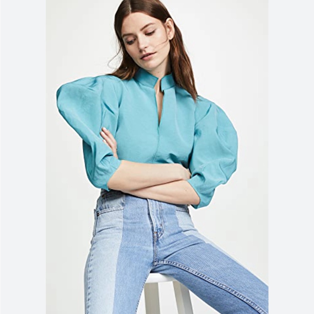 Rachel Comey Amplus Dress Top Blouse Aqua Puff sleeve linen blend 4